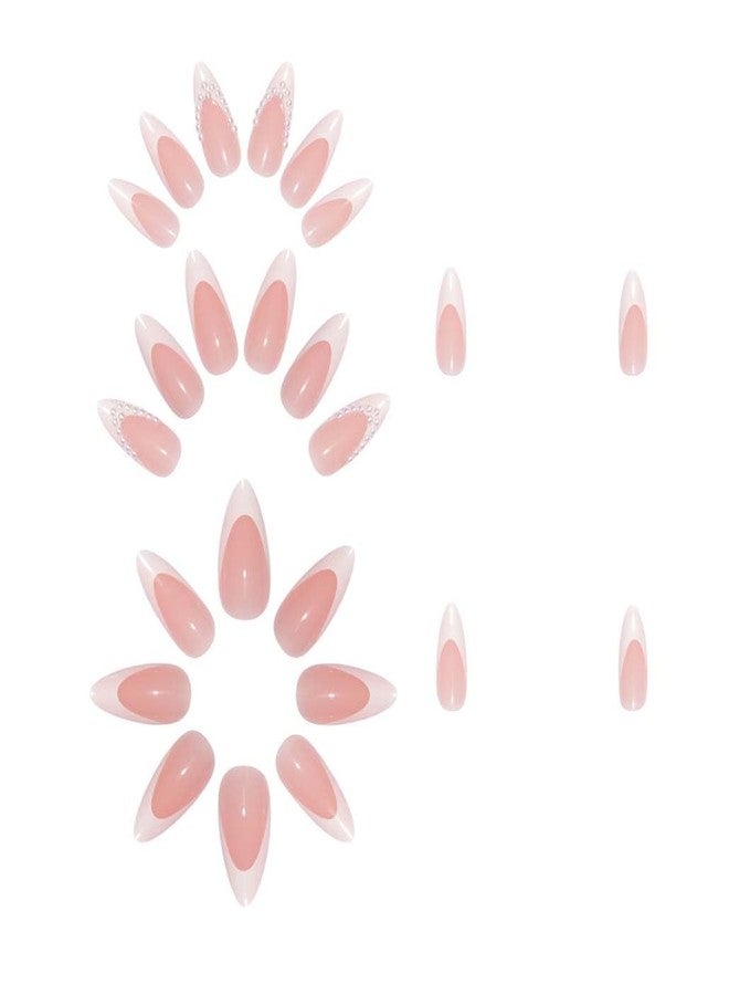 Foccna Press on Nails French Medium, Pearl White Fake Nails Almond Acrylic False Nails,Artificial Glue on Nails for Women 24pcs - Image 3